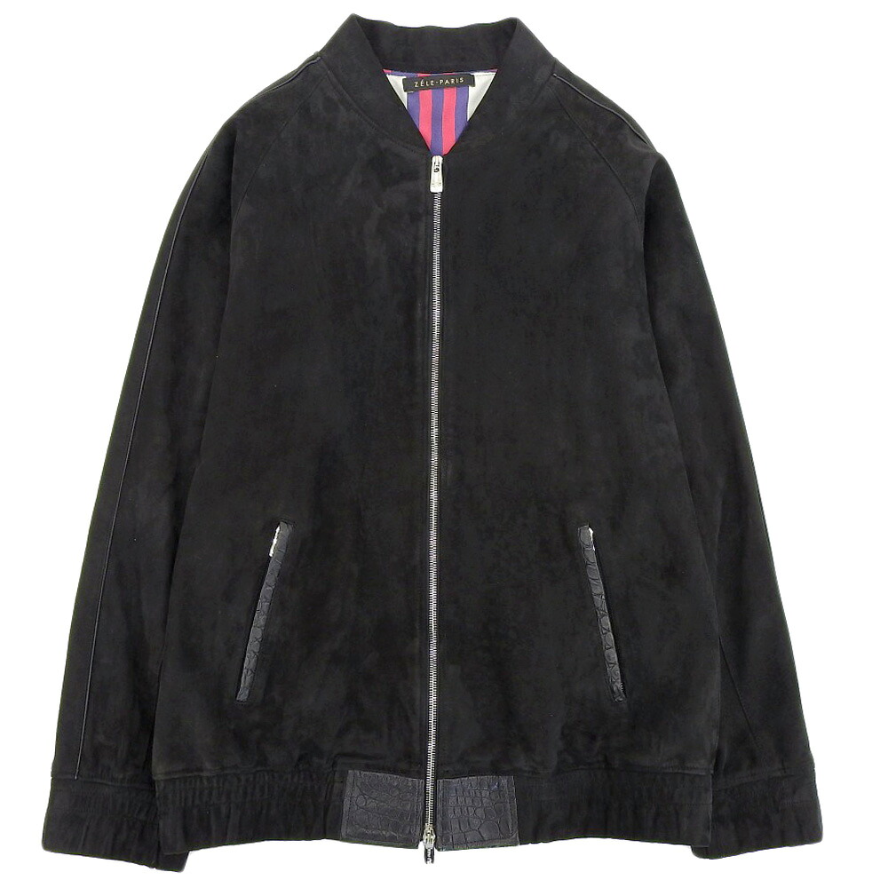 【中古】 超美品 ゼルパリ ZELE-PARIS 現行タグ 最高峰 シープ ＆ クロコダイル レザー Wジップアップ ボンバー ジャケット 52 L 黒 メンズ ほぼ未使用