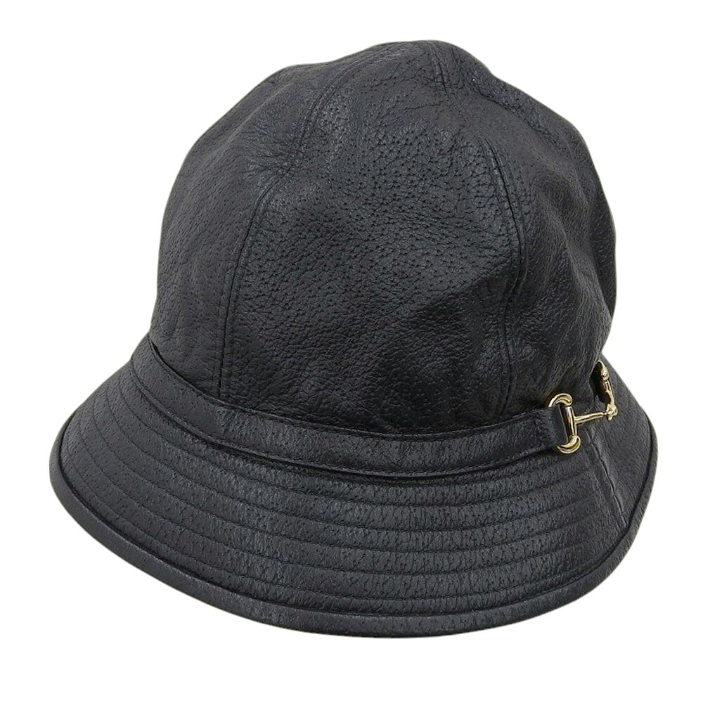 【中古】 タグ付未使用 グッチ GUCCI 666600 4HAK5 1000 ホースビット レザー バケットハット キャップ 帽子 S 57cm 黒 メンズ レディース ゴルフ 旅