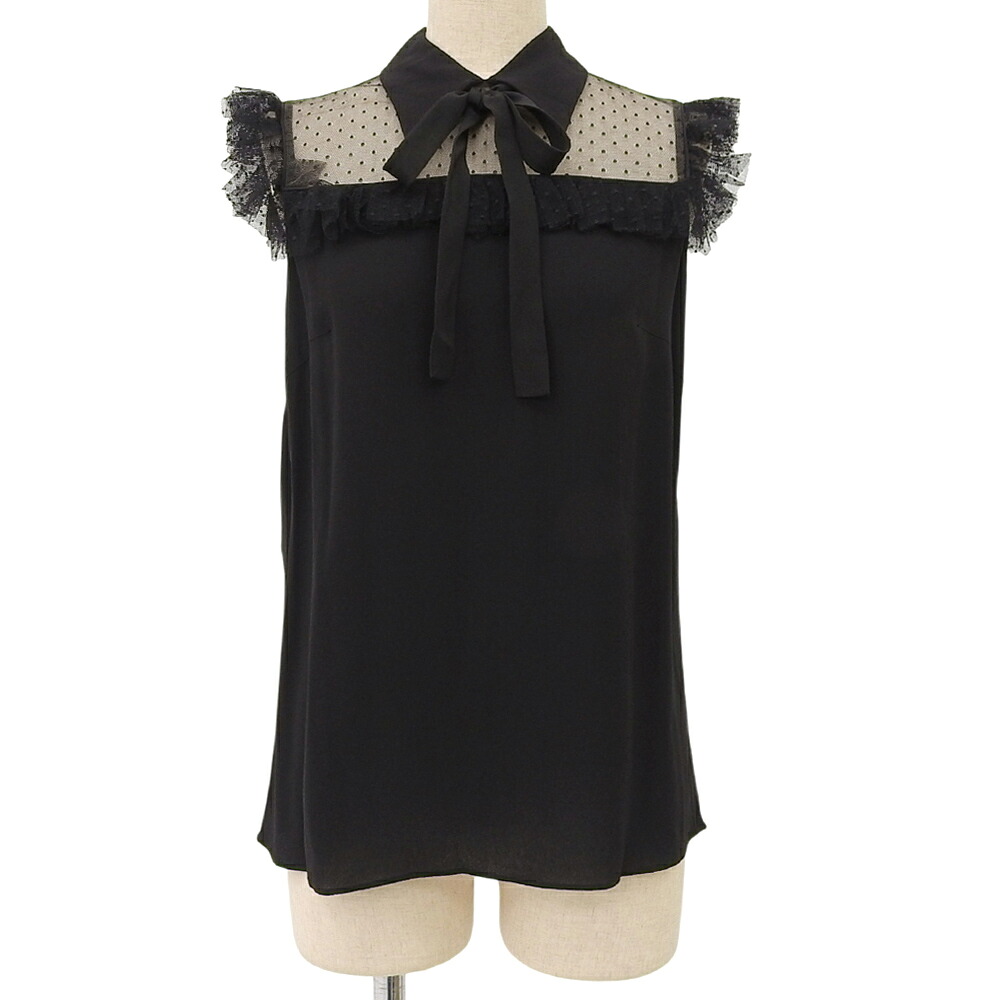 【中古】 超美品 ミュウミュウ MIUMIU 2017年 MT1355 1QA0 ドットレース リボン チュール ブラウス ヴィスコース レーヨン 38 S レディース 定価120000円