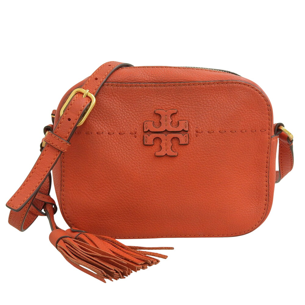 【中古】 美品 トリーバーチ Tory Burch 現行タグ 64447 McGRAW マックグロー ぺブルドレザー タッセル ショルダー クロスボディバッグ オレンジ レディース 7,100円