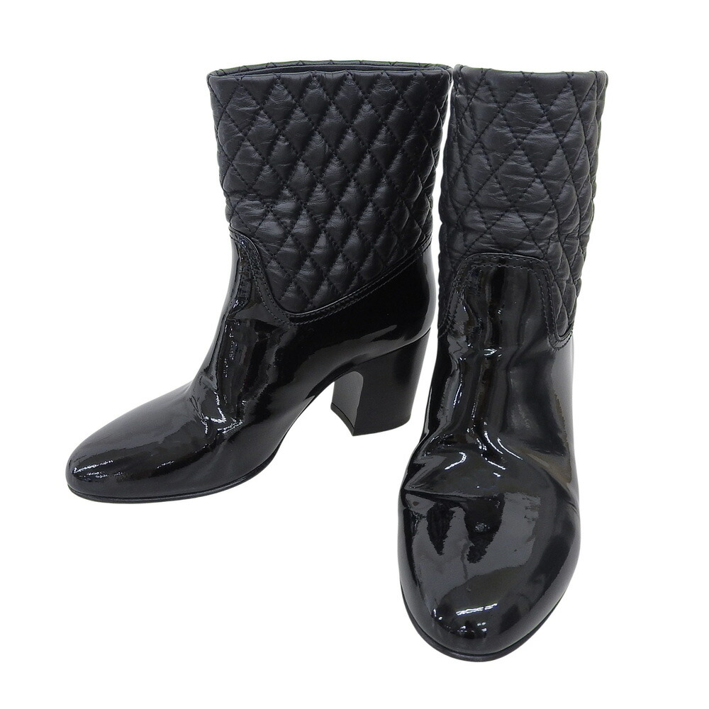 【中古】 超美品 シャネル CHANEL 現行ロゴ メタルココマーク キルティング カーフレザー × パテント アンクル ショートブーツ 37 23.5cm 1.2回使用程度