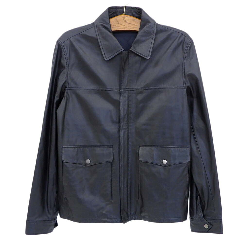 新着【中古】 超美品 ダンヒル Dunhill 現行ロゴ ラムレザー ジャケット ブルゾン カーコート カバーオール ジャンパー 黒 メンズ M