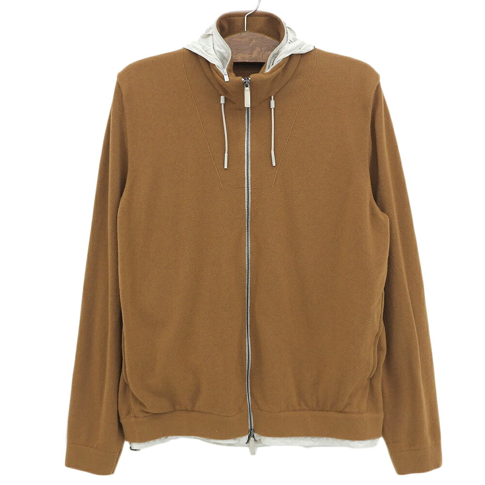 新着【中古】 未使用 ゼニア Zegna 2021年 ピュアカシミヤ 100％ 2WAY スタンドジップ ニット ハイゲージ シェル素材フード付 サイズ50 ブラウン 定価451000円