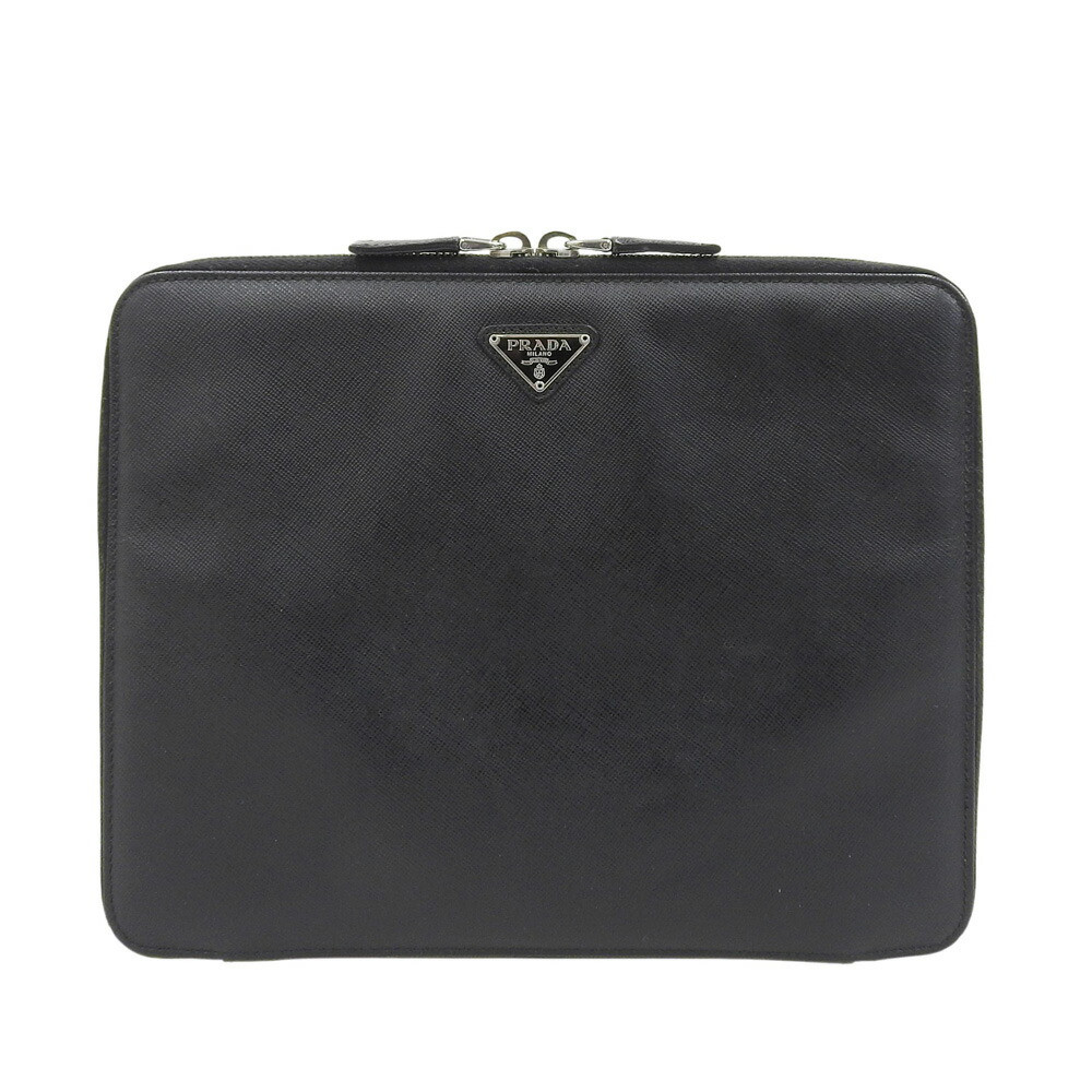 新着【中古】 超美品 プラダ PRADA SAFFIANO サフィアーノ なめし革 iPad 経口避妊薬 容れもの クラッチペダル 御徒面子 黒 黒いこと