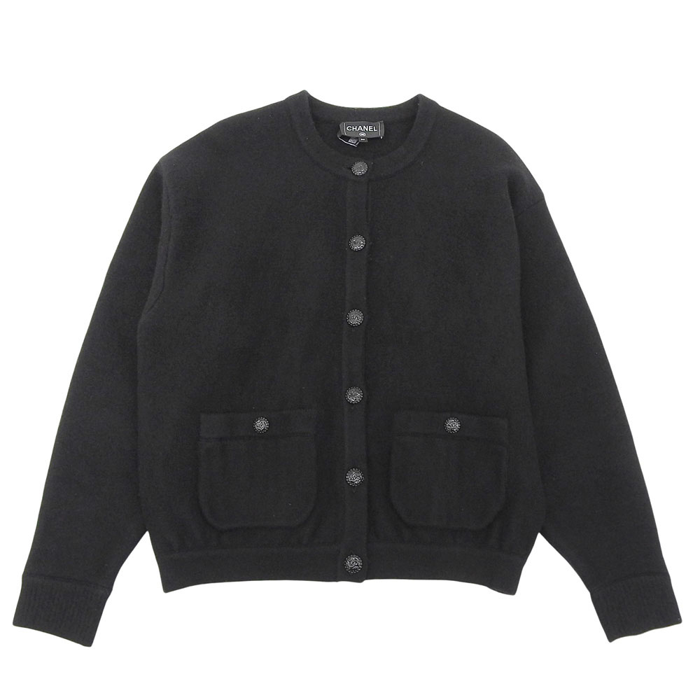 新着【中古】 超美品 シャネル CHANEL P73522 ココボタン 地絹 カシミール 羊毛 否色つや 編み物 ジレー 黒 黒いこと