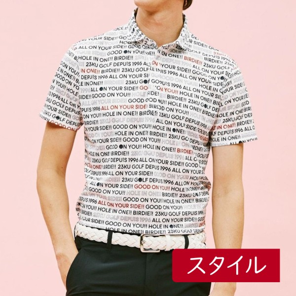【New】23区GOLFメンズ【吸水速乾/UVケア】ロゴグラフィック柄半袖ポロシャツ【KHVTNM-0515】
