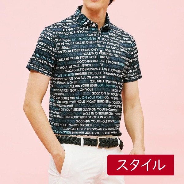 【New】23区GOLFメンズ【吸水速乾/UVケア】ロゴグラフィック柄半袖ポロシャツ【KHVTNM-0515】