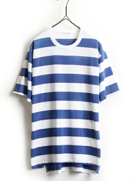 Tシャツ カットソー 楽天カード分割 ブルー ボーダーtシャツ 半袖tシャツ 中古 Usa古着 白 青 ボーダーt ワイドボーダー 80年代 古着 程 L 男性 メンズ Tシャツ 半袖 ボーダー 太 Unknown ブランド不明 ビンテージ 80 S ホワイト カットソー トップス