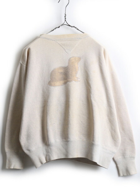 肌触りがいい スウェット トレーナー 程 M 男性 メンズ スウェット プリント 染み込み アザラシ バック 両v 嵌め込み ビンテージ 40 S 古着 40年代 バックプリント クルーネック コットン 100 スウェットシャツ スウェットトレーナー 中古 古着 Usa古着