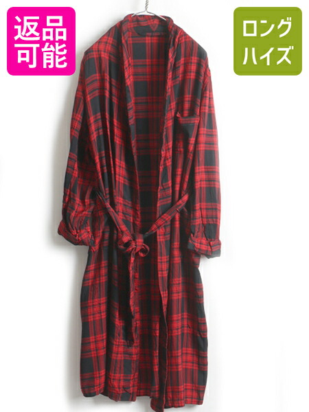 再再販 60 S ビンテージ Peerless チェック レーヨン ガウン 男性 メンズ L 古着 ローブ ロング ロング丈 レッド ブラック ベルト付き 中古 ロングコート ルームウェア ロングガウン レーヨンガウン コート 総柄 チェック柄 赤 黒 60年代 羽織り
