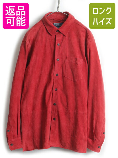 90 S Polo ポロ ラルフローレン 本革 レザー 長袖 シャツ メンズ 男性 L 古着 ヌバック 赤 ボックス レザーシャツ シャツジャケット レディース 中古 Ralph Lauren ポケット付き ラルフ トップス 本革レザー スエード スウェ セール価格
