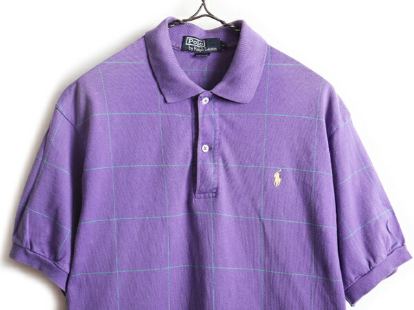 90 S Usa製 Polo ポロ ラルフローレン チェックマーク 半袖 ポロティーシャツ メンズ L 古着 90老年水田 子馬刺繍 半袖シャツ 紫 緑であること ワン要義 Us古着 中古 アメカジ Ralph Lauren ラルフ 米国製 半袖ポロシャツ パープル パッティンググリーン 2音調 オールド