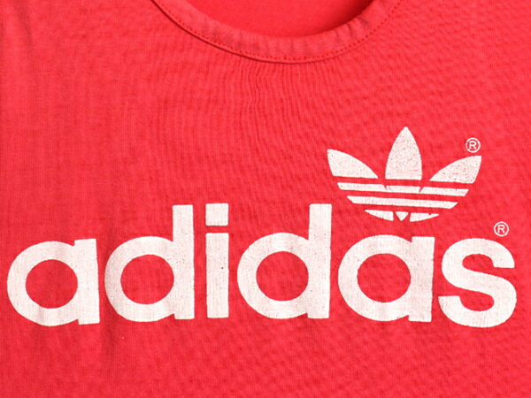 80 S ビンテージ Adidas アディダス 両面 トレフォイル ロゴ プリント タンクトップ L メンズ 小さめ M 程 古着 80年代 ノースリーブ 中古 男性 赤 レッド シングルステッチ ノースリーブtシャツ 重ね着 ロゴt ロゴtシャツ ビッグロゴ アメカジ インナー カットソー