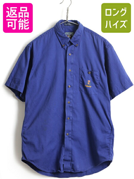 90 S Chaps チャップス ラルフローレン コットン 半袖 ボタンダウン シャツ メンズ 男性 M 古着 Polo ポロ 半袖シャツ 青 紺 90年代 Us古着 中古 オールド ラルフ Ralph Lauren ボタンダウンシャツ ワンポイント クレスト ブルー ネイビー ポケット付き アメカジ