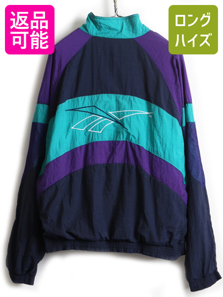 メンズファッション コート ジャケット 日本最大のブランド オールド ブルゾン フルジップ 中古 トリコカラー ジャンパー 90年代 古着 L メンズ 男性 ジャケット ナイロン 刺繍 ロゴ ビッグ ライナー付き リーボック Reebok 90 S ナイロンジャケット 紺 青 紫