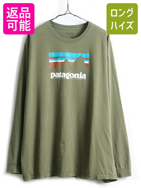 大きいサイズ Xxl パタゴニア オーガニックコットン フィッツロイ ビッグ ロゴ プリント 長袖 Tシャツ メンズ 古着 ロンt Patagonia Us古着 中古 クルーネック 長袖tシャツ プリントtシャツ ロゴtシャツ プリントt ロゴt ビッグロゴ 男性 アメカジ カットソー カーキ