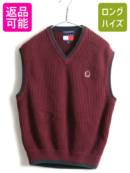 6 15 6h限定 ポイント12倍 90 S 大きいサイズ Xl トミーヒルフィガー Vネック チルデン タイプ リブ編み コットン ニット ベスト メンズ 古着 Tommy Hilfiger Us古着 中古 アメカジ エンジ ワインレッド ニットベスト コットンニット プルオーバー ワンポイ Sfeah Com