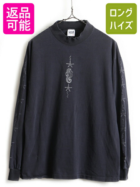 6 15 6h限定 ポイント12倍 90 S Usa製 大きいサイズ Xl モックネック 全面 プリント 長袖 Tシャツ メンズ 男性 古着 90年代 ロンt 長袖tシャツ 黒 アメリカ製 Us古着 中古 アメカジ プリントtシャツ ハイネック ブラック Anvil アンビル プリントt 袖プリ シ