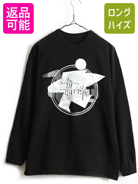 6 15 6h限定 ポイント12倍 00s オールド Stussy ステューシー ストックロゴ グラフィック プリント 長袖 Tシャツ メンズ L 程 古着 黒 白 モノトーン ロンt Us古着 中古 アメカジ 長袖tシャツ プリントtシャツ プリントt クルーネック ブラック ホワイト グレ