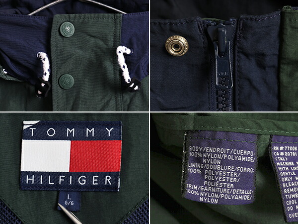 90 S トミーヒルフィガー 収納フード フルジップ ナイロン セーリング ジャケット メンズ 男性 L 古着 Tommy Hilfiger 緑 紺 90年代 Us古着 中古 セーリングジャケット セーリングギア ナイロンジャケット フラッグ ウインドブレーカー グリーン ネイビー ジャンパー