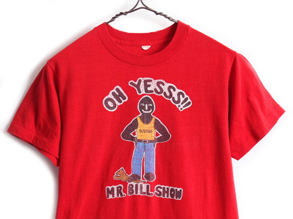 70s Usa製 ビンテージ Mr Bill キャラクター プリント 半袖 Tシャツ M メンズ レディース 小さめ S 程 古着 赤 70年代 当時物 アニメ 中古 Sluggo アメリカ製 プリントtシャツ 半袖tシャツ プリントt シングルステッチ フルーツオブザルーム レッド キャラt アメカジ