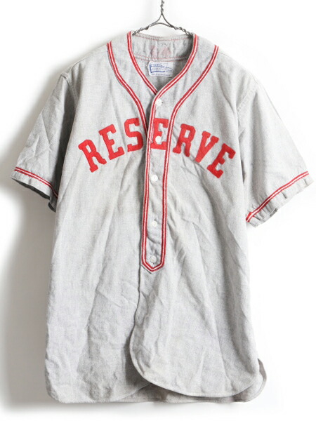 40 S 50 S ビンテージ Oliver Brothers 両面 フェルト ワッペン付き ベースボール シャツ メンズ 44 古着 40年代 50年代 半袖シャツ Us古着 中古 男性 Oliverbros ベースボールシャツ ノーカラーシャツ ウール ゲームシャツ 重ね着 レッド グレー 赤 灰 アメカジ