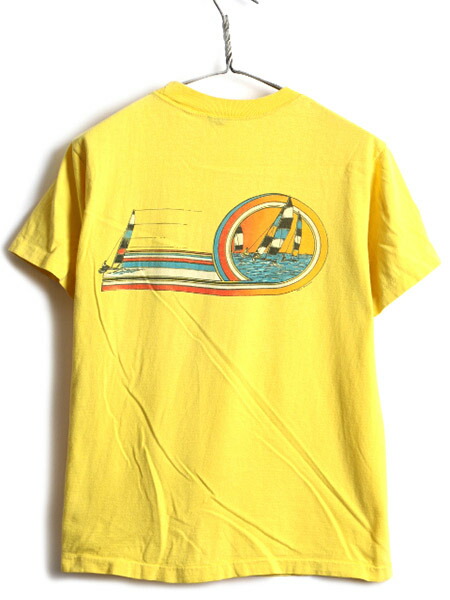 70s 80s Usa製 ビンテージ サーフ プリント ポケット付き 半袖 Tシャツ 男性 メンズ M 古着 半袖tシャツ 耳付き 耳 ポケt プリント T Us古着 中古 70年代 80年代 アメリカ製 サーファー サーフィン ポケットt イエロー 黄 シングルステッチ クルーネック アメカジ