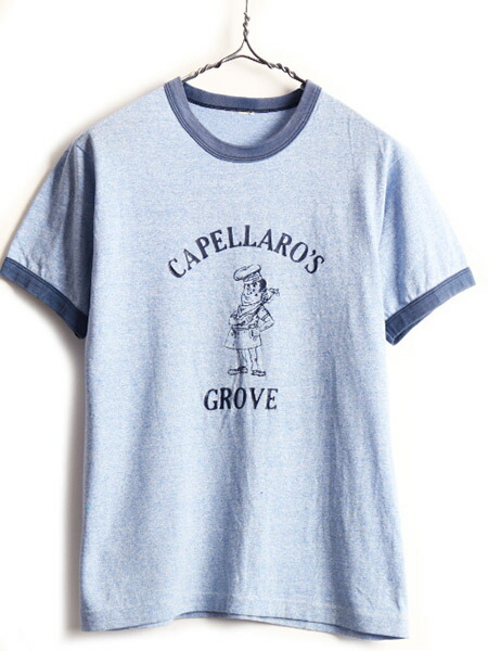 70s 80s ビンテージ 企業 ロゴ キャラクター プリント 半袖 リンガー Tシャツ メンズ レディース S 程 古着 青 杢 当時物 企業物 Us古着 中古 70年代 80年代 プリントtシャツ プリントt リンガーt 企業 2トーン 霜降り ブルー 男女兼用 アメカジ