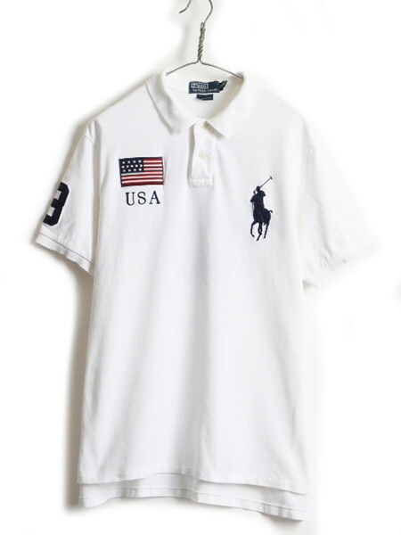 大きいサイズ Xl ビッグポニー アメリカ代表 Polo ポロ ラルフローレン 星条旗 鹿の子 半袖 ポロシャツ メンズ 古着 半袖シャツ 白 Us古着 中古 Ralph Lauren ラルフ 半袖ポロシャツ ナンバリング Usa代表 モデル ポニー刺繍 ロゴ アメカジ Usa Customfit 男性