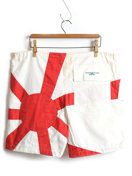 80 S 90 S Peace Frogs 日章旗 両面 刺繍 ショートパンツ メンズ 男性 S 程 古着 旭日旗 ショーツ 短パン 半パン 白 赤 2トーン 国旗 中古 80年代 90年代 オールド ビンテージ コットン レッド ホワイト イージーパンツ
