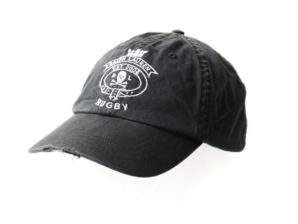 人気 黒 スカル 刺繍 ビンテージ加工 Rugby ラルフローレン コットン ベースボール キャップ メンズ レディース 男女兼用 古着 チノ Us古着 中古 コットン ワンポイント ラルフ チノキャップ 男性 女性 ドクロ 髑髏 ブラック 帽子 00s 00年代 アメカジ ダメージ加工