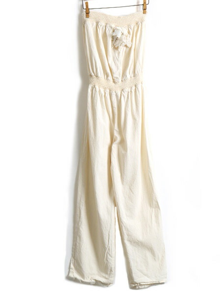 80 S ビンテージ Grandi チューブトップ オールインワン パンツドレス レディース 女性 サイズ M 程 ベアトップ 古着 レース編み 80年代 パンツドレス ビンテージ リゾート 生成り カジュアル ジャンプスーツ パンツ ノースリーブ リネン サロペット ワイド 白