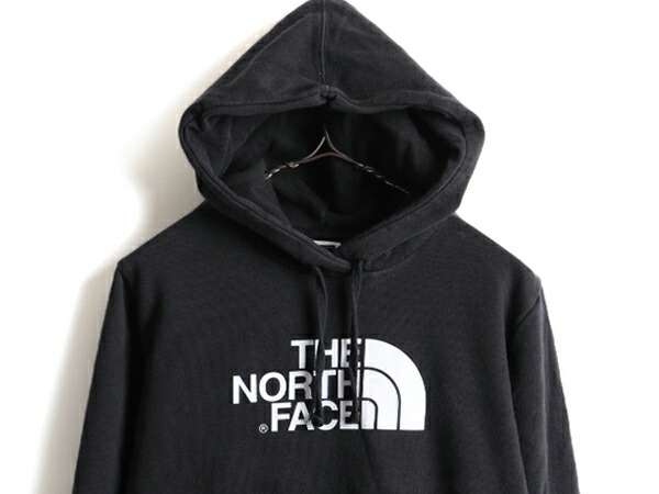 人気 黒 ノースフェイス ビッグ ロゴ プリント スウェット フード パーカー レディース L 古着 The North Face トレーナー 裏起毛 Us古着 中古 女性 アウトドア スエット プリントパーカー フードパーカー ロゴパーカー プルオーバー ブラック モノトーン アメカジ