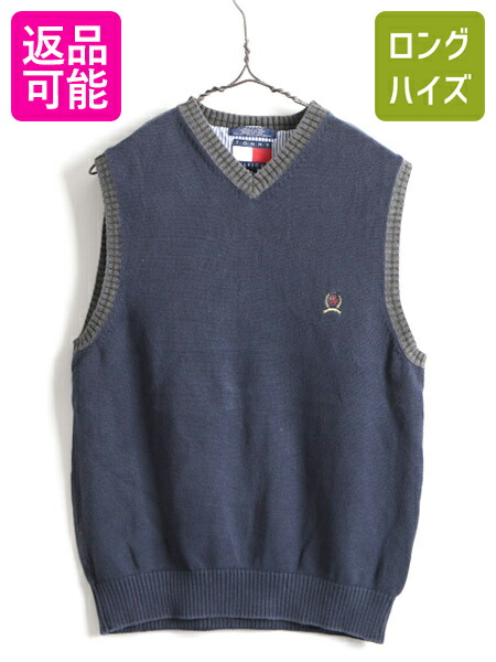 90 S オールド 希少サイズ S トミーヒルフィガー Vネック コットン ニット ベスト 男性 メンズ 古着 90年代 Tommy Hilfiger 重ね着 Us古着 中古 コットンニット ニットベスト ニットセーター コットンセーター ノースリーブ ワンポイント ロゴ刺繍 紺 灰 アメカジ