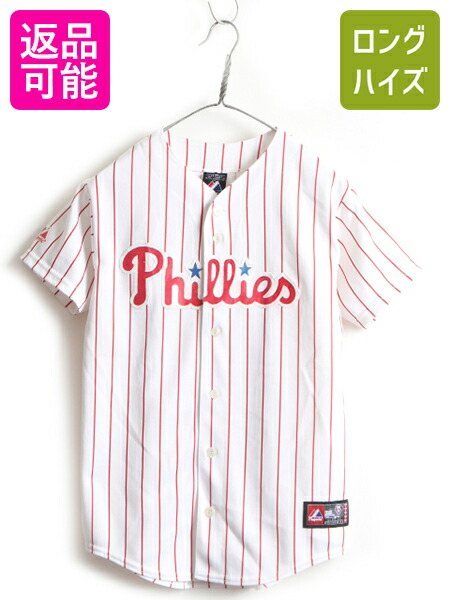 市場 7 □ 程 ベースボール フィラデルフィア メンズ ストライプ Majestic MLB フィリーズ シャツ S 500円OFF最大半額 12  24h限定 半袖 オフィシャル