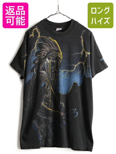 【7/30 24h限定777円OFFクーポン!】 90s USA製 ★ インディアン 大判 オーバー プリント 半袖 Tシャツ ( メンズ M ) 古着 90年代 ネイティブアメリカン シングルステッチ 黒| 中古 90's アメリカ製 オールド ネイティブ 半袖Tシャツ プリントTシャツ プリントT クルーネック｜古着ヴィンテージショップLong his 10,296円
