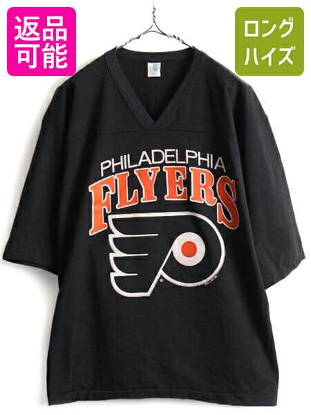 【4/12 24h限定777円OFFクーポン!】 80s USA製 人気 黒 ■ NHL オフィシャル フライヤーズ プリント フットボール Tシャツ ( メンズ M ) 古着 80年代 ビンテージ 半袖Tシャツ| 中古 80's アメリカ製 フットボールTシャツ フットボールT プリントTシャツ プリントT シングル