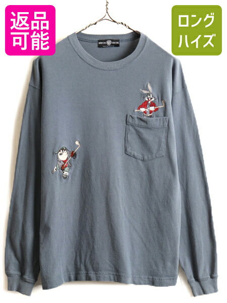 【4/12 24h限定777円OFFクーポン!】 90s ■ ワーナー ルーニー テューンズ 刺繍 長袖 Tシャツ ( メンズ レディース M ) 古着 90年代 ポケット付き アニメ ロンT キャラクター| 中古 90's オールド 長袖Tシャツ ポケットTシャツ ポケT キャラ アメキャラ タズマニアンデビル