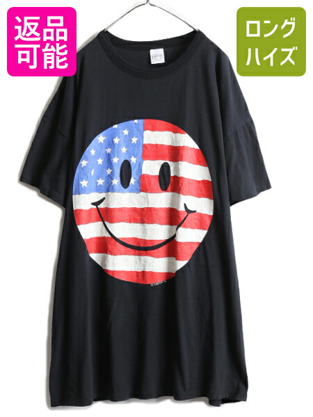 【4/20 777円OFFクーポン×最大8倍】 90s USA製 大きいサイズ XXL 程■ 星条旗 スマイル 大判 プリント 半袖 Tシャツ メンズ 2XL / 90年代 キャラクター スマイリー イラスト 黒| 古着 中古 90年代 アメリカ製 当時物 ブラック シングルステッチ 半袖Tシャツ プリントTシャ