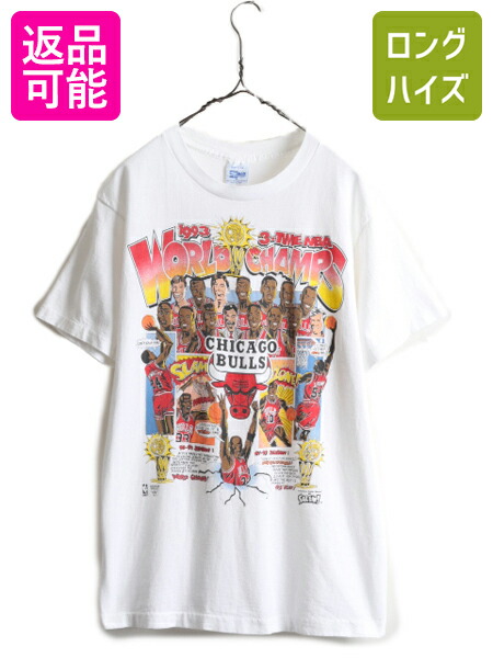 90s USA製 ★ NBA オフィシャル シカゴ ブルズ プリント Tシャツ ( メンズ M ) 90年代 当時物 バスケ イラスト ジョーダン キャラクター 白| 古着 中古 90's アメリカ製 オールド CHICAGO BULLS キャラ 漫画 コミック シングルステッチ SALEM プリントT 白T 半袖Tシャツ｜古着ヴィンテージショップLong his