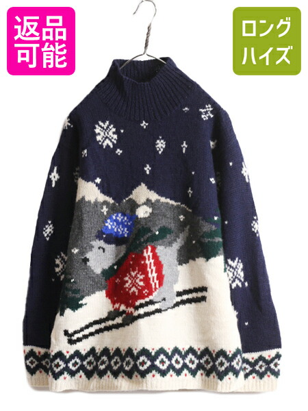 【4/9 最大半額セール×ポイント5倍】 手編み 90s LAUREN ラルフローレン ハイネック ハンド ニット セーター レディース M オールド ハンドメイド ノルディック 絵柄 犬 スキー| 古着 中古 傑作 90's 90年代 ラルフ RALPH ドッグ ハンドニット ローゲージ ニットセーター