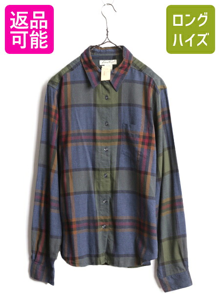 【4/15 25名様限定1000円OFFクーポン】 デッドストック 90s エディーバウアー チェック 長袖 シャツ レディース L 新品 90年代 オールド Eddie Bauer レーヨン コットン ブラウス| 未使用 未使用品 デッド 90's エディバウアー 長袖シャツ チェックシャツ マルチカラー レー