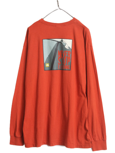 ノースフェイス 両面 プリント 長袖 Tシャツ メンズ XL / The North Face アウトドア ロンT グラフィック イラスト クルーネック オレンジ