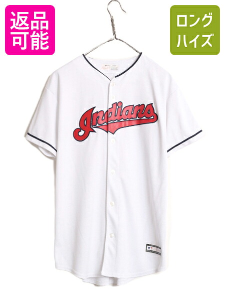 【4/12 24h限定777円OFFクーポン!】 MLB オフィシャル インディアンズ ベースボール シャツ ボーイズ XL メンズ S 程 ユニフォーム ゲームシャツ メジャーリーグ 半袖シャツ 白| 古着 中古 マジェスティック ユニホーム ベースボールシャツ 大リーグ 野球 廃盤 ジャージ ク
