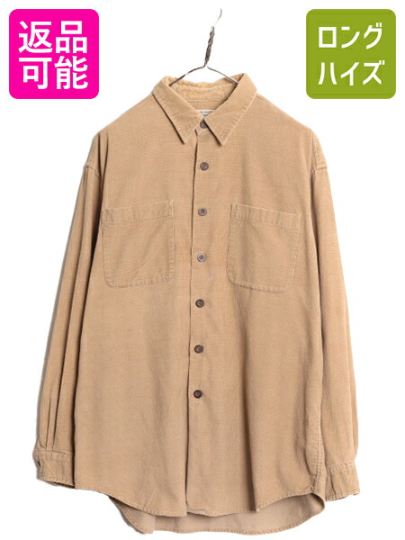 【4/12 24h限定777円OFFクーポン!】 90s ST JOHN'S BAY コーデユロイ 長袖 シャツ メンズ L 古着 90年代 オールド セントジョンズベイ 長袖シャツ ポケット付き 無地 ベージュ| 中古 90's 細畝 コーデユロイシャツ コットン コットンシャツ 無地シャツ 胸ポケット カジュア