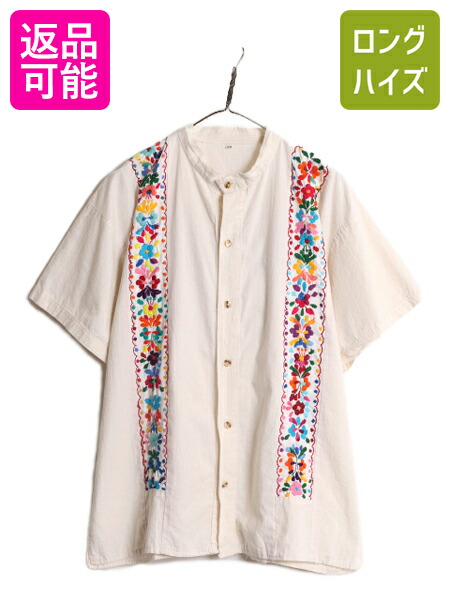 【4/12 24h限定777円OFFクーポン!】 1点物 80s ハンドメイド 刺繍 半袖 シャツ レディース XL 80年代 ヴィンテージ バンドカラー 大きいサイズ ボックス ハンド刺繍 メキシカン| 古着 中古 80's ビンテージ ヒッピー アート コットンシャツ 花柄 ナチュラル スタンドカラー