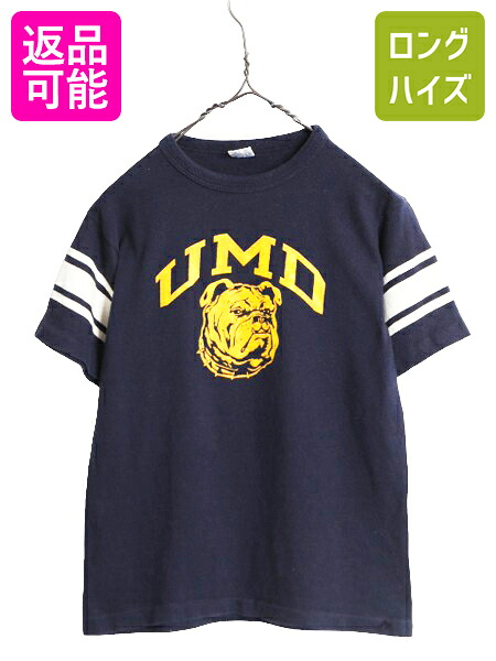 【7/24 400円OFFクーポン&times;ポイント5倍】 80s USA製 チャンピオン カレッジ プリント フットボール Tシャツ キッズ L レディース S / ヴィンテージ Champion マスコット イラスト 紺| 古着 中古 80's 80年代 アメリカ製 ビンテージ キャラクター トリコタグ 100% コットン｜古着ヴィンテージショップLong his