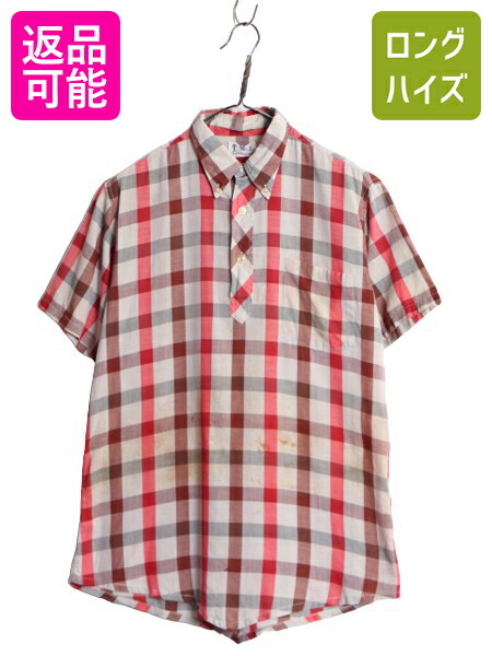 【4/8 最大半額セール×ポイント5倍】 60s ★ プルオーバー チェック 3点留め ボタンダウン シャツ メンズ M 古着 60年代 ヴィンテージ コットン 半袖シャツ ポケット付き スリム| 中古 60's ビンテージ アイビー テーパード BD ボタンダウンシャツ BDシャツ コットンシャツ