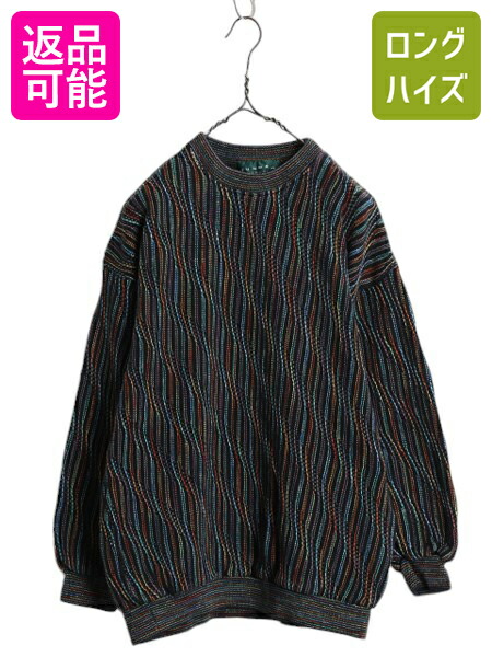 【4/18 ご愛顧感謝デーポイントUP!】 90s カナダ製 TUNDRA 3D 立体編み コットン ニット セーター メンズ M 古着 90年代 オールド 3Dニット 総柄 ブラック ベース マルチカラー| 中古 90's 黒 ニットセーター 長袖ニット 長袖セーター コットンニット クルーネック ヒップホ