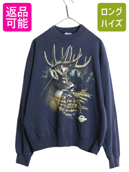 【4/12 24h限定777円OFFクーポン!】 90s シカ アート イラスト プリント スウェット メンズ レディース XL 古着 オールド ハンティング トレーナー 裏起毛 大きいサイズ Hanes| 中古 90's アニマル キャラクター スウェットシャツ プリントスウェット クルーネック ネイビー